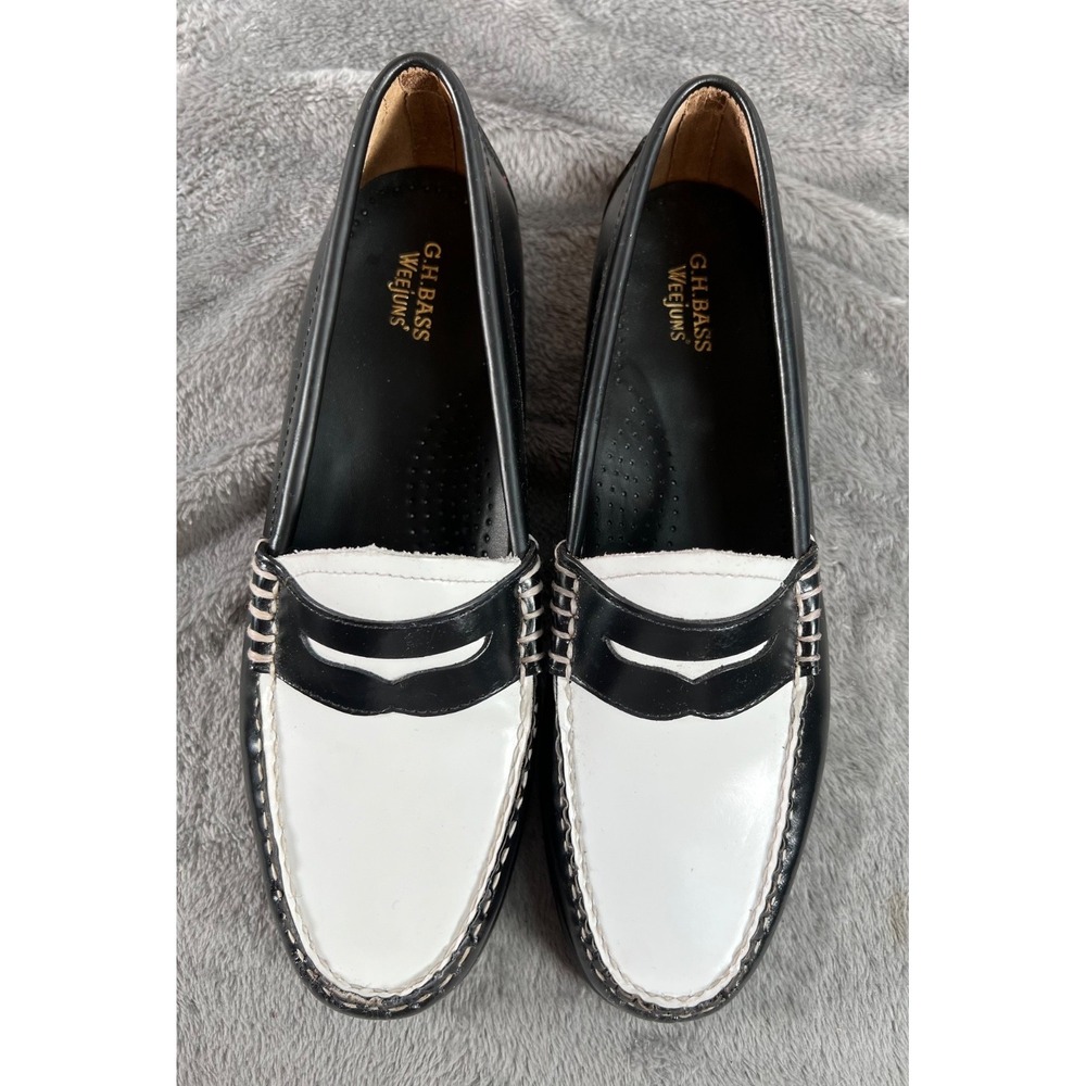 GH Bass Whitney Weejuns Penny Loafers Womens 8.5 Black White Leather Shoes